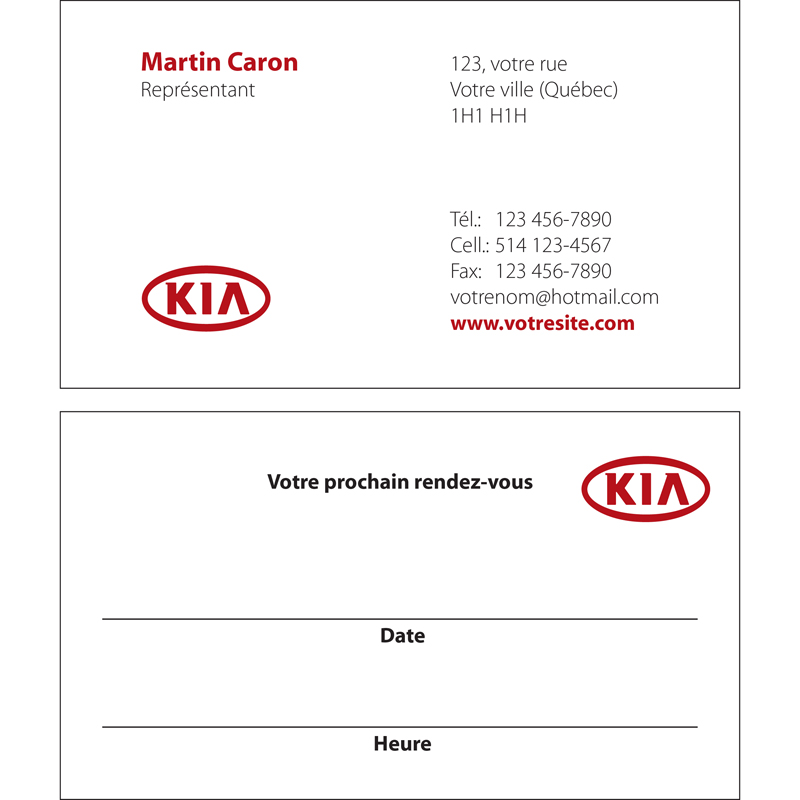 Cartes d'affaires Kia - 2 cts, BCKI04